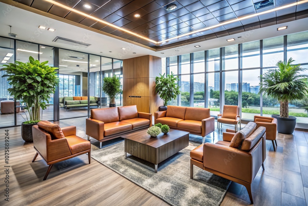 Modern Corporate Building Entrance with Stylish Waiting Area and Comfortable Seating, Showcasing a Welcoming Atmosphere for Clients and Visitors in an Elegant Interior Space Modern Corporate Building Entrance with Stylish Waiting Area and Comfortable Seating, Showcasing a Welcoming Atmosphere for Clients and Visitors in an Elegant Interior Space