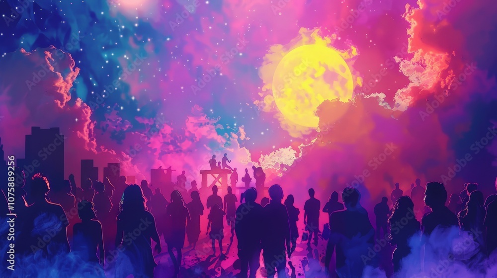 An artistic representation of the energetic atmosphere and vibrant colors of a Full Moon Party An artistic representation of the energetic atmosphere and vibrant colors of a Full Moon Party