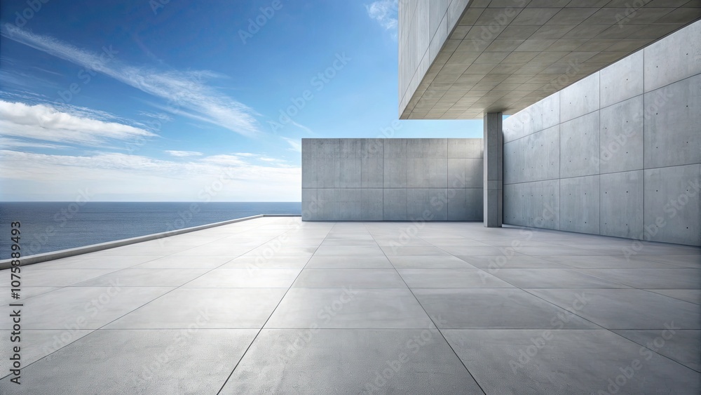 Empty concrete floor and gray wall with a rendering of a sea view plaza against a clear sky background Empty concrete floor and gray wall with a rendering of a sea view plaza against a clear sky background