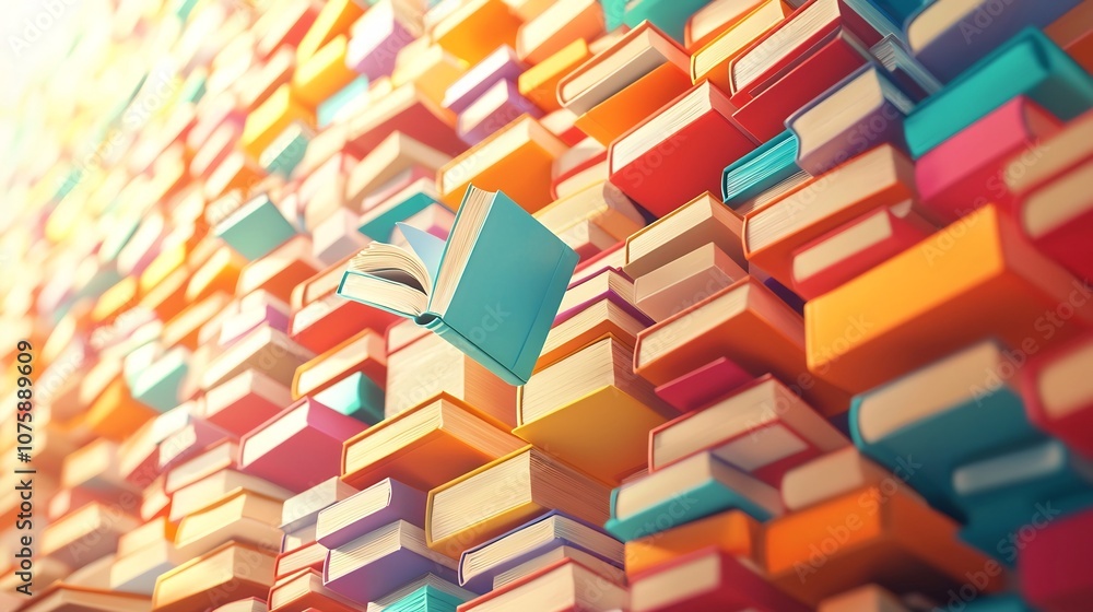 Vibrant 3D Library Shelves Filled with Colorful Geometric Books Representing Education and Knowledge Vibrant 3D Library Shelves Filled with Colorful Geometric Books Representing Education and Knowledge