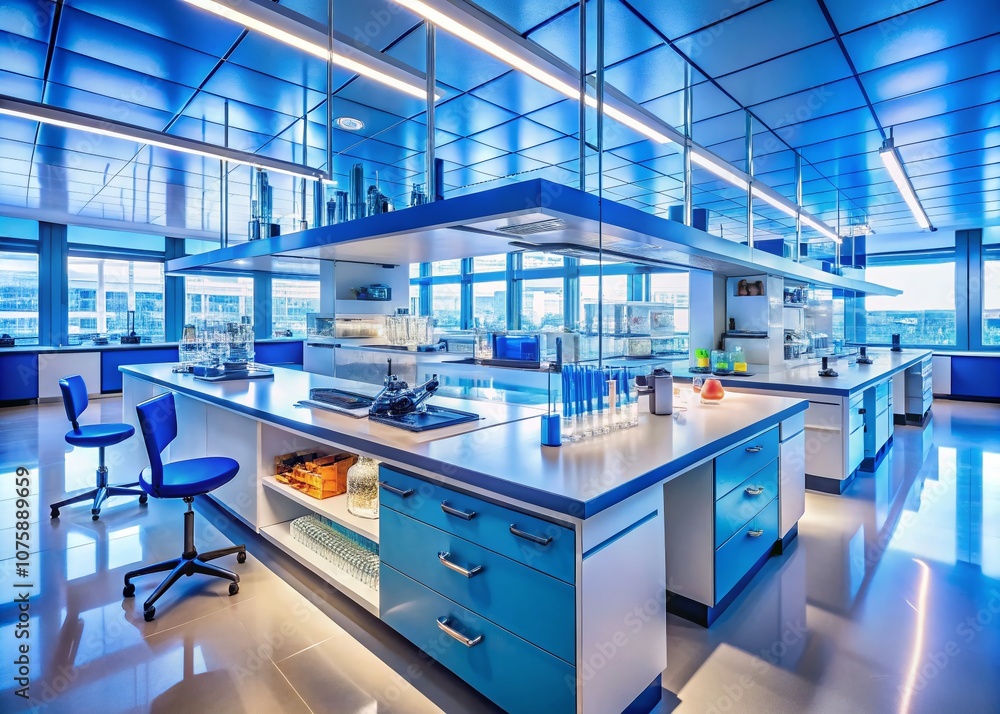 Modern Laboratory Interior Featuring Glass Containers on a Blue Countertop Bathed in Daylight for Dynamic Drone Photography Showcase of Scientific Innovation Modern Laboratory Interior Featuring Glass Containers on a Blue Countertop Bathed in Daylight for Dynamic Drone Photography Showcase of Scientific Innovation