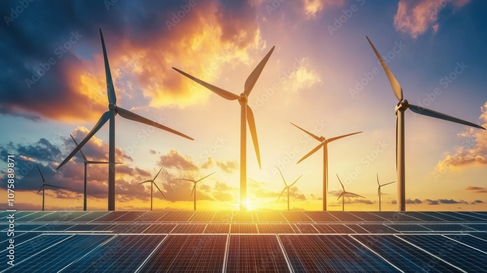 An expansive field of solar panels and wind turbines glowing An expansive field of solar panels and wind turbines glowing