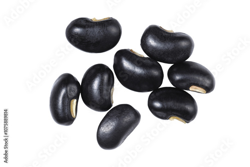 Black beans close up, isolated on white background, top view.