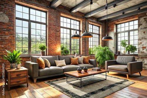 Modern Minimalist Industrial Living Room Design with Exposed Brick Walls, Natural Light, and Sleek Furniture for a Contemporary Aesthetic