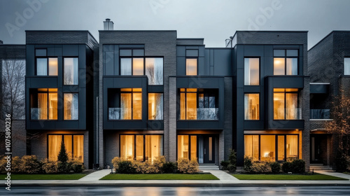 Modern modular private townhouses with black panel walls. Residential architecture exterior