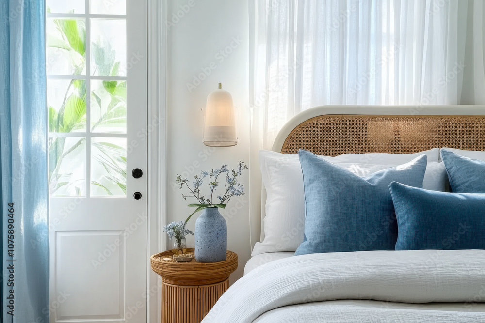 Round wooden bedroom between white door and blue pillows Round wooden bedroom between white door and blue pillows