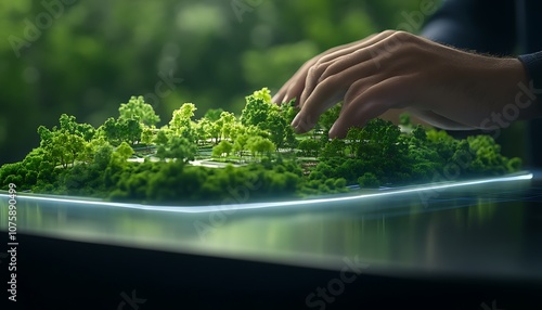 A hand gently touches a vibrant, green lettuce display, showcasing the freshness and texture of the plants in a bright, modern environment.