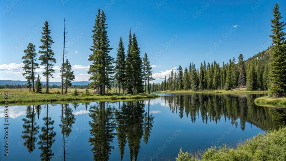Idyllic landscape of pine trees reflecting in a serene lake , nature, trees, pine, reflection, peaceful, serene, lake, water Idyllic landscape of pine trees reflecting in a serene lake , nature, trees, pine, reflection, peaceful, serene, lake, water