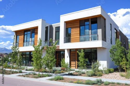 A modern two-story house with white stucco walls, wooden slats on the sides of each window and door, glass windows in front, and greenery around it.