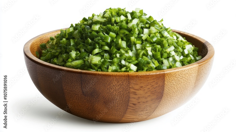 72.Close-up of a wooden bowl brimming with finely chopped spring onions, set against a pure white background. The rich green hues of the spring onion pieces pop against the smooth, warm texture of 72.Close-up of a wooden bowl brimming with finely chopped spring onions, set against a pure white background. The rich green hues of the spring onion pieces pop against the smooth, warm texture of