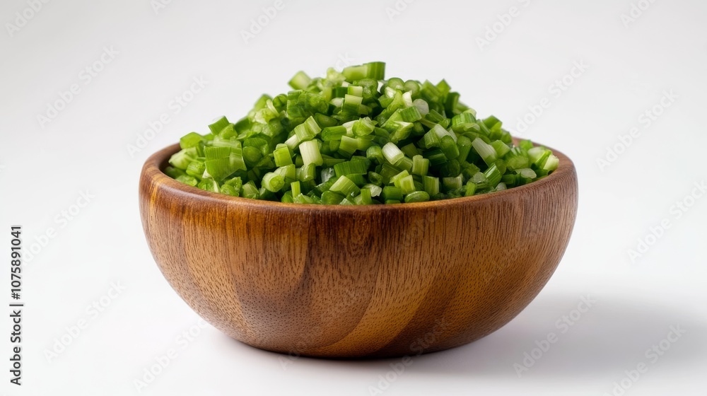 72.Close-up of a wooden bowl brimming with finely chopped spring onions, set against a pure white background. The rich green hues of the spring onion pieces pop against the smooth, warm texture of 72.Close-up of a wooden bowl brimming with finely chopped spring onions, set against a pure white background. The rich green hues of the spring onion pieces pop against the smooth, warm texture of