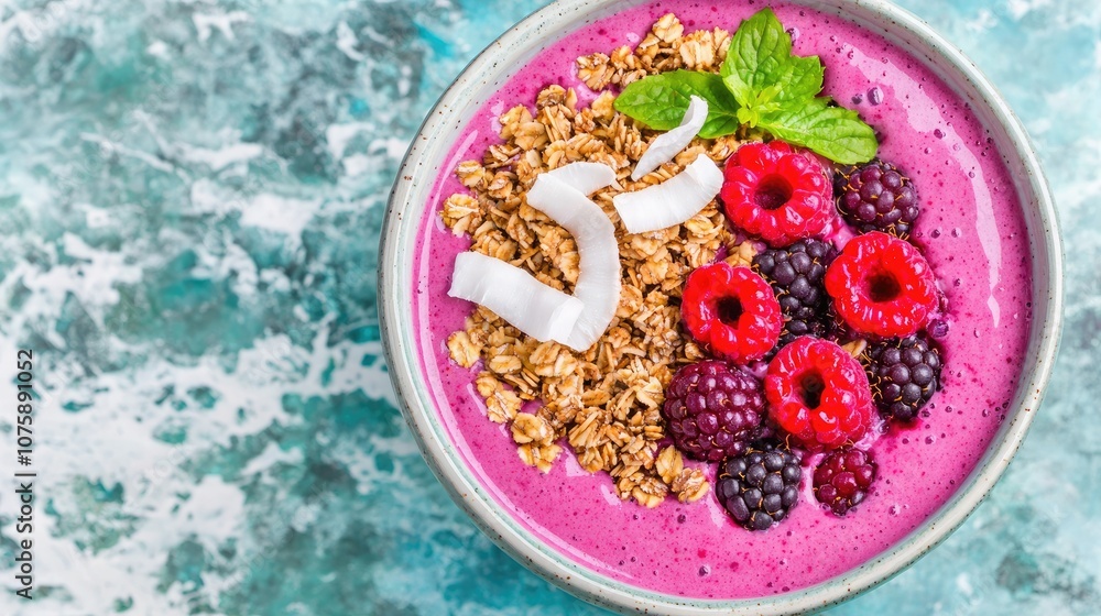 A vibrant smoothie bowl topped with granola, fresh raspberries, blackberries, coconut flakes, and mint, served in a stylish bowl on a textured background. A vibrant smoothie bowl topped with granola, fresh raspberries, blackberries, coconut flakes, and mint, served in a stylish bowl on a textured background.