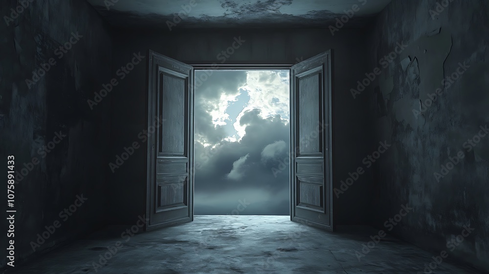 A surreal scene featuring an open door leading to a cloudy sky, suggesting possibilities and exploration. A surreal scene featuring an open door leading to a cloudy sky, suggesting possibilities and exploration.