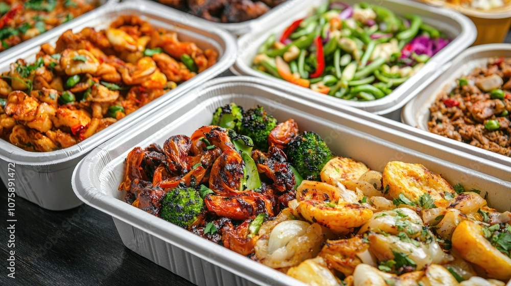 A vibrant display of assorted Asian cuisine featuring shrimp, broccoli, chicken, and colorful vegetables in takeout containers. A vibrant display of assorted Asian cuisine featuring shrimp, broccoli, chicken, and colorful vegetables in takeout containers.