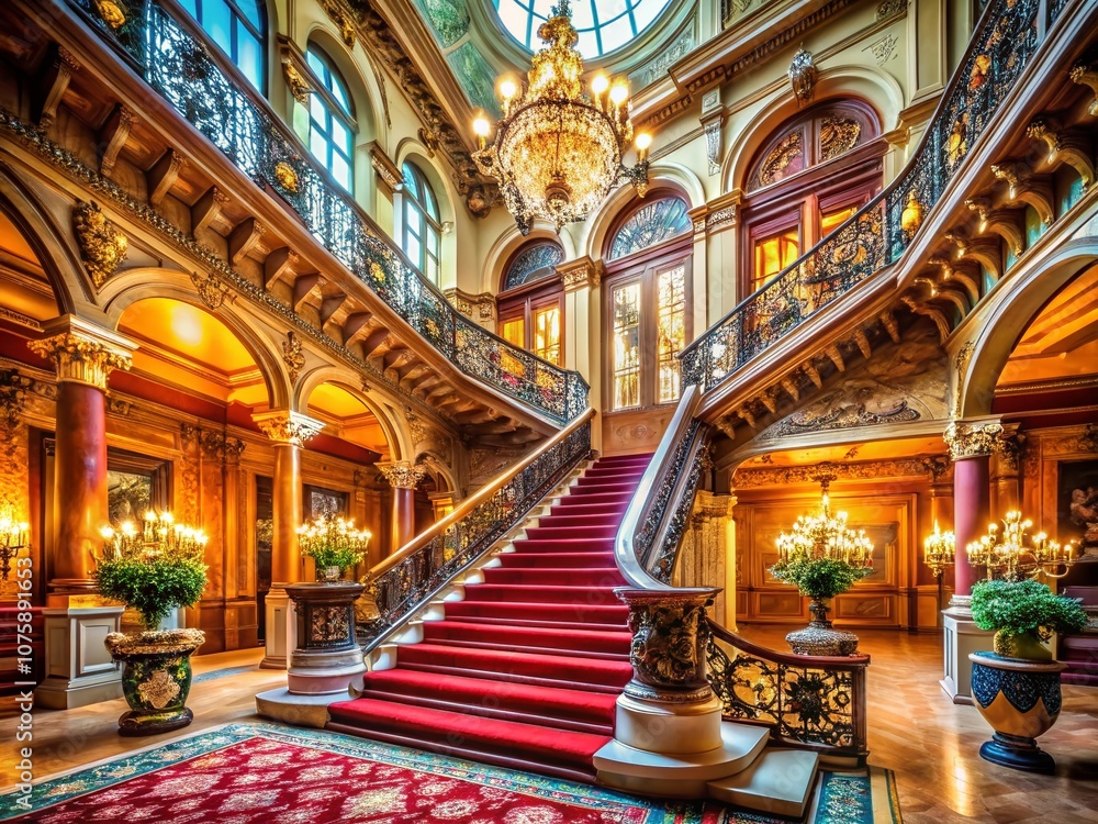 Obraz premium Opulent Mansion Interior Featuring a Luxurious Grand Staircase, Elegant Double Stairway bathed in Sunlight, and Regal Architectural Details in a Palace Foyer