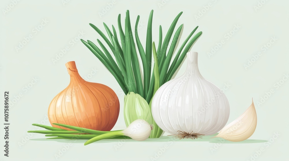 30.A clean and modern vector illustration of onions, green onions, and garlic, representing the freshness of organic farming. The vegetables are illustrated in flat style with vibrant greens and soft 30.A clean and modern vector illustration of onions, green onions, and garlic, representing the freshness of organic farming. The vegetables are illustrated in flat style with vibrant greens and soft