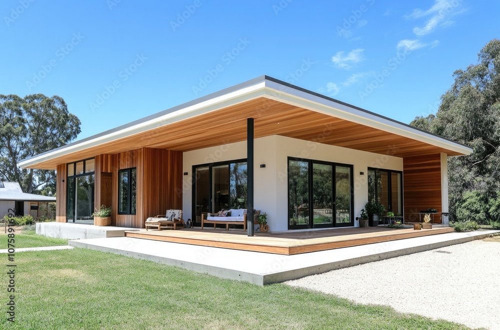 A modernist house with white walls, wood accents, and large windows. A modernist house with white walls, wood accents, and large windows.