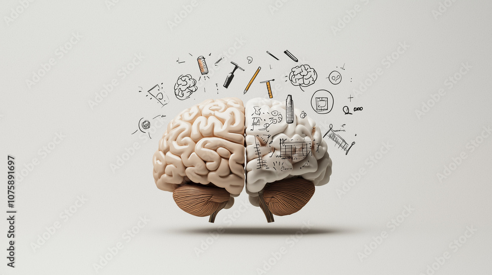 The Power of Creativity: Conceptual image of a brain with tools and symbols floating around it, representing the power of creativity and innovation. The Power of Creativity: Conceptual image of a brain with tools and symbols floating around it, representing the power of creativity and innovation.