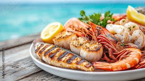 A vibrant seafood platter featuring shrimp, scallops, grilled fish, and lemon, set against a stunning coastal backdrop.