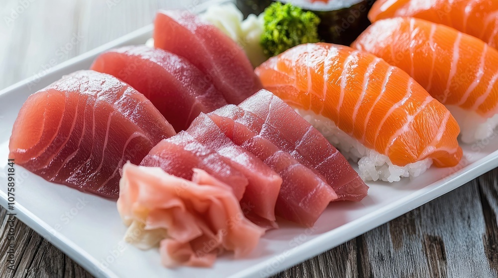 A fresh sushi platter featuring vibrant slices of salmon and tuna garnished with wasabi and pickled ginger. A fresh sushi platter featuring vibrant slices of salmon and tuna garnished with wasabi and pickled ginger.