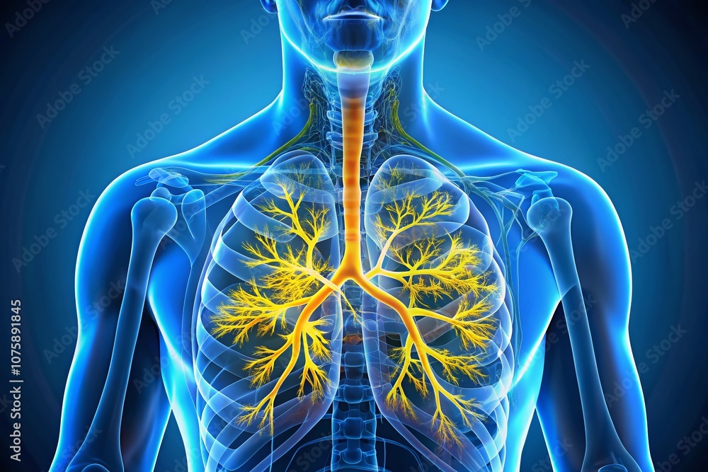 Panoramic 3D Medical Illustration of the Human Respiratory System Emphasizing Lungs and Bronchi in Vivid Blue and Yellow Colors for Educational Purposes Panoramic 3D Medical Illustration of the Human Respiratory System Emphasizing Lungs and Bronchi in Vivid Blue and Yellow Colors for Educational Purposes