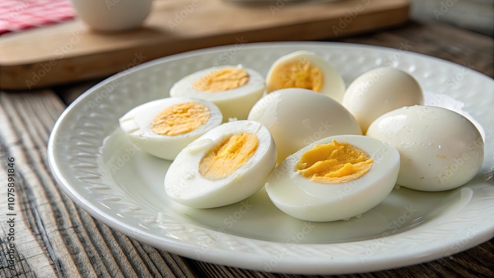 Organic hard boiled eggs on a white plate, healthy, food, protein, breakfast, ready-to-eat, organic, boiled, eggs, meal Organic hard boiled eggs on a white plate, healthy, food, protein, breakfast, ready-to-eat, organic, boiled, eggs, meal