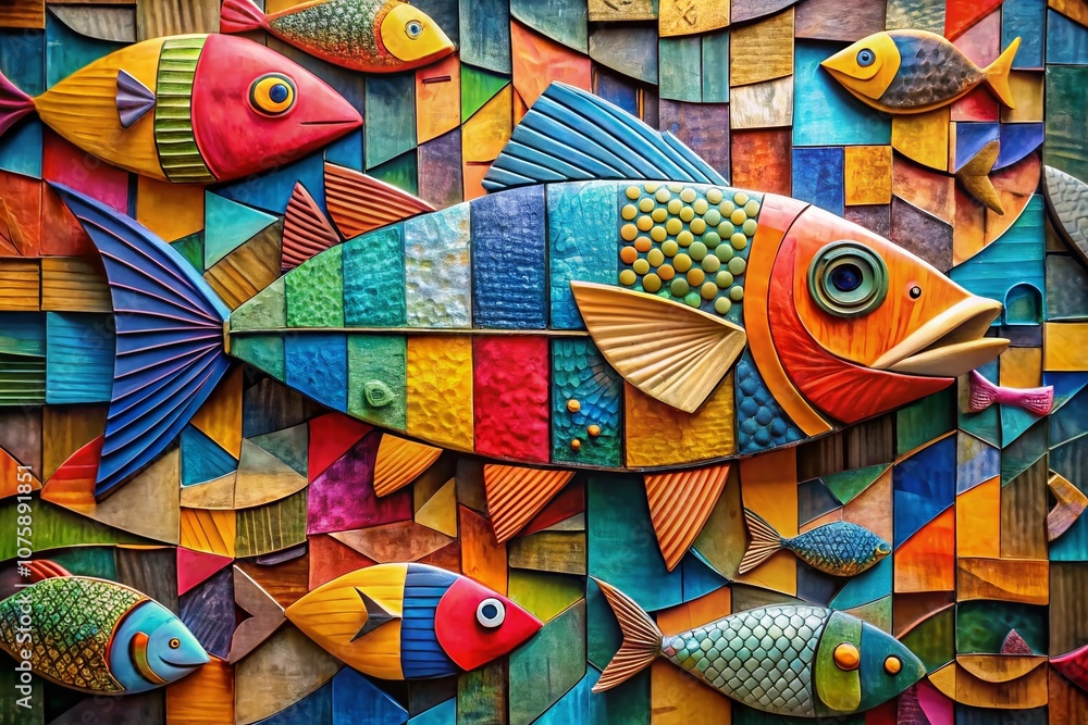 Obraz premium Panoramic Abstract Cubism Artwork Featuring Fish Crafted from Cut Cardboard in a Simple Flat Design, Showcasing Unique Textures and Shapes for Modern Artistic Spaces