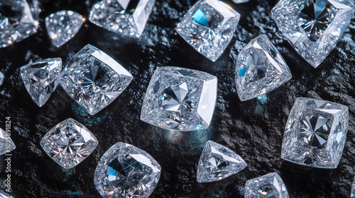 Sparkling diamonds of different cuts on dark background reflecting light