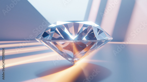 Large diamond shining on reflective surface with dramatic lighting