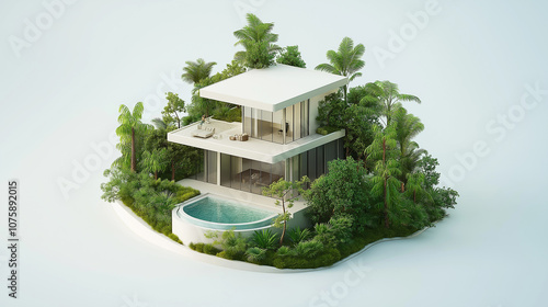 Modern sustainable house surrounded by tropical vegetation and pool