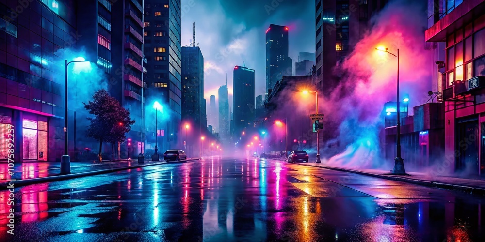 Fototapeta premium Panoramic View of a Dark City Street with Wet Asphalt Reflecting Neon Lights and Smoke, Abstract Light Effects for Urban Night Scene Wallpaper