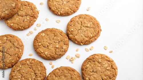 Oat cookies arranged on a white isolated background, oat, cookies, baking, homemade, crispy, snack, dessert, sweet, delicious