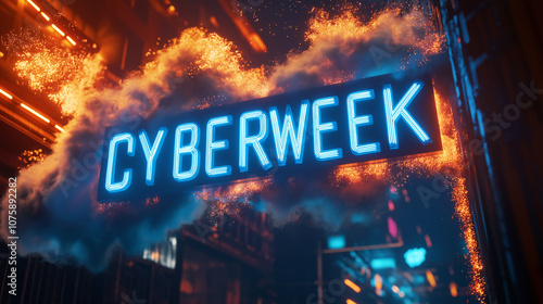 Cyberweek neon sign exploding with orange particles in a dark futuristic city