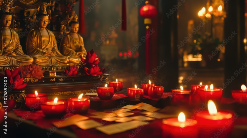 Angpao envelopes placed as offerings at a shrine s altar Angpao envelopes placed as offerings at a shrine s altar