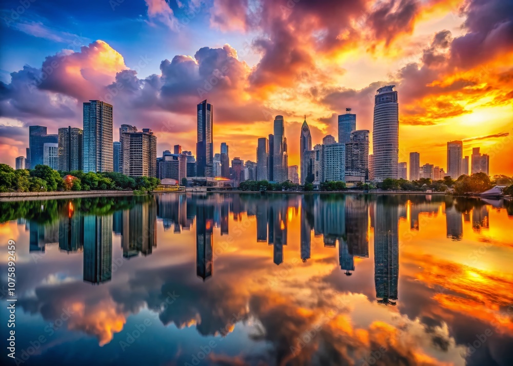 Fototapeta premium Panoramic View of a Vibrant Urban Landscape at Sunset with Striking Skyscrapers and Reflective Water Bodies, Ideal for Showcasing City Life and Modern Architecture