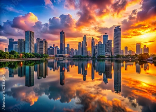 Panoramic View of a Vibrant Urban Landscape at Sunset with Striking Skyscrapers and Reflective Water Bodies, Ideal for Showcasing City Life and Modern Architecture