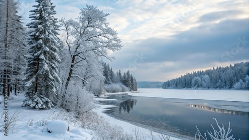 Winter snowy landscape with snow-covered trees and a frozen lake, snow, winter, landscape, trees, frozen, lake, cold, snowy, serene