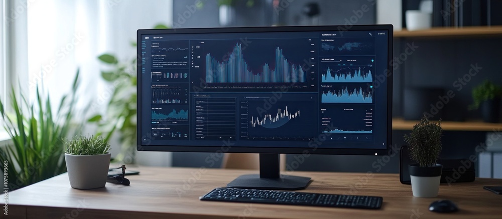 A computer monitor displays various graphs and charts on a wooden desk with a keyboard and houseplants. A computer monitor displays various graphs and charts on a wooden desk with a keyboard and houseplants.