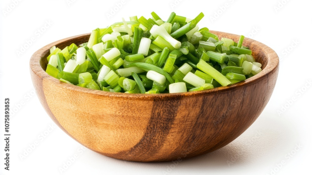 74.A rustic wooden bowl overflowing with chopped spring onions, presented on a white background. The bright green onion pieces are finely chopped, creating a vibrant contrast with the warm, organic 74.A rustic wooden bowl overflowing with chopped spring onions, presented on a white background. The bright green onion pieces are finely chopped, creating a vibrant contrast with the warm, organic