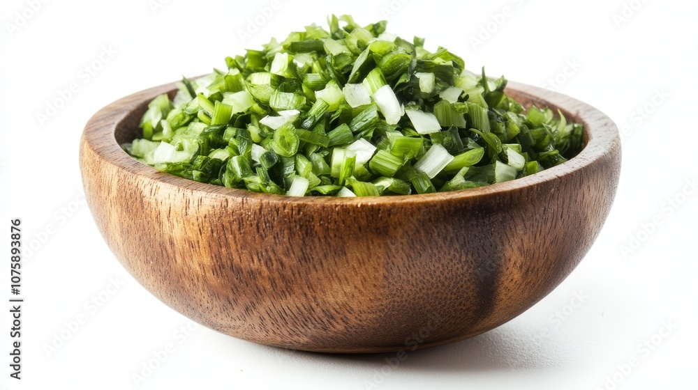 74.A rustic wooden bowl overflowing with chopped spring onions, presented on a white background. The bright green onion pieces are finely chopped, creating a vibrant contrast with the warm, organic 74.A rustic wooden bowl overflowing with chopped spring onions, presented on a white background. The bright green onion pieces are finely chopped, creating a vibrant contrast with the warm, organic