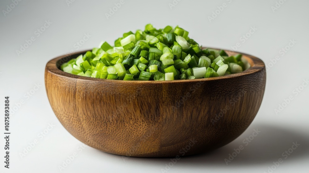 74.A rustic wooden bowl overflowing with chopped spring onions, presented on a white background. The bright green onion pieces are finely chopped, creating a vibrant contrast with the warm, organic 74.A rustic wooden bowl overflowing with chopped spring onions, presented on a white background. The bright green onion pieces are finely chopped, creating a vibrant contrast with the warm, organic
