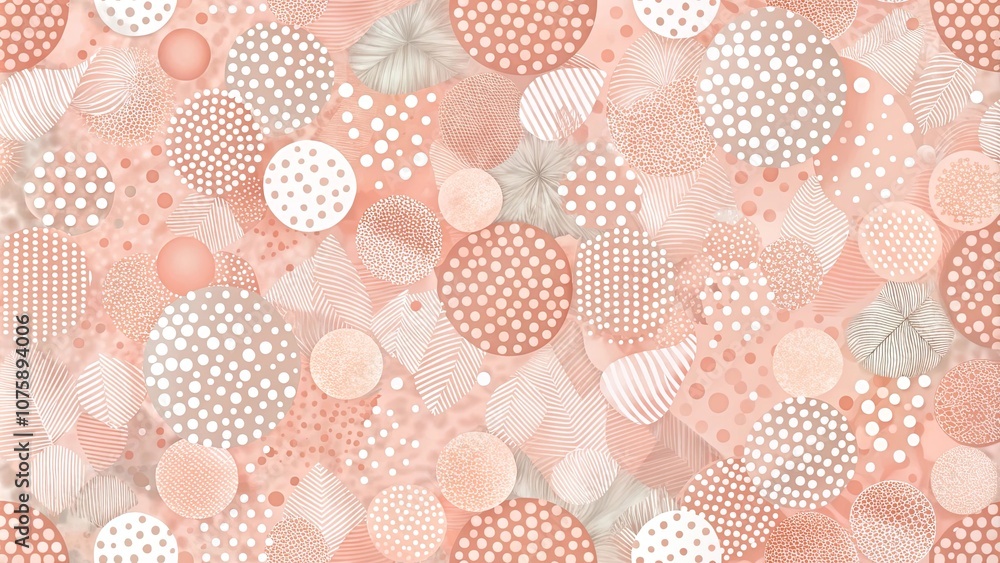 Abstract Circular Pattern of Intertwined Circles with Dotted, Striped, and Textured Elements in a Pastel Pink and Beige Color Scheme Abstract Circular Pattern of Intertwined Circles with Dotted, Striped, and Textured Elements in a Pastel Pink and Beige Color Scheme