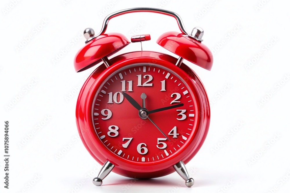 Red Alarm Clock Set at Five O'Clock Isolated on White Background, Perfect for Time Management and Daily Routine Concepts in Portrait Photography Red Alarm Clock Set at Five O'Clock Isolated on White Background, Perfect for Time Management and Daily Routine Concepts in Portrait Photography