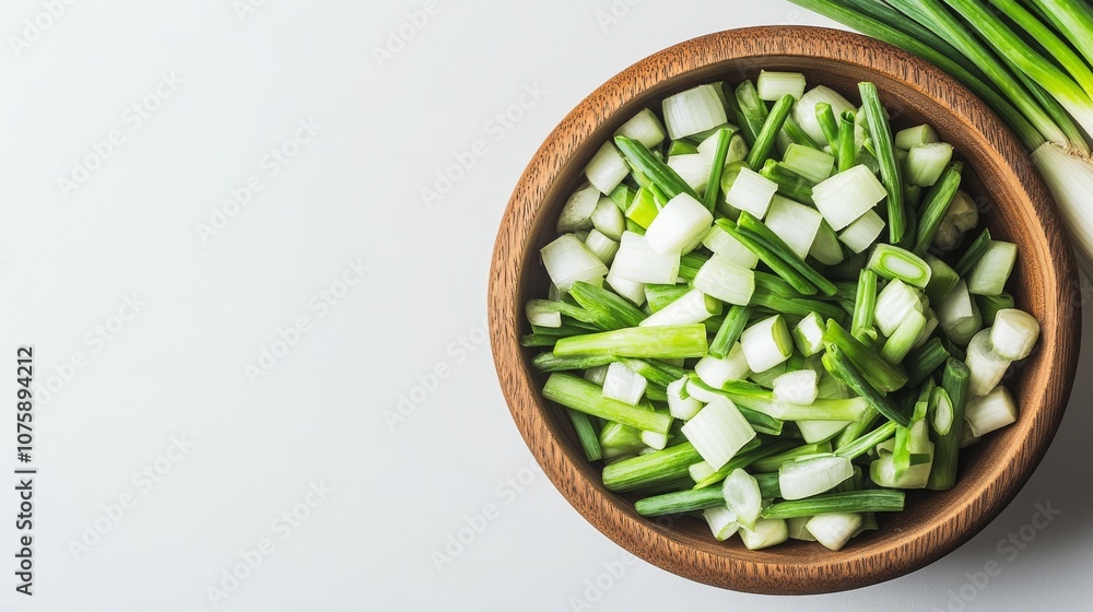 73.Chopped spring onions neatly arranged in a wooden bowl, isolated on a clean white background. The bright, fresh green color of the onion pieces contrasts with the earthy tones of the wood, 73.Chopped spring onions neatly arranged in a wooden bowl, isolated on a clean white background. The bright, fresh green color of the onion pieces contrasts with the earthy tones of the wood,