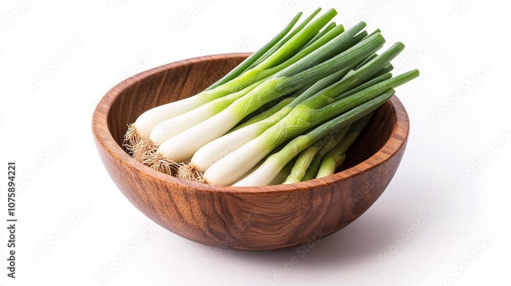 73.Chopped spring onions neatly arranged in a wooden bowl, isolated on a clean white background. The bright, fresh green color of the onion pieces contrasts with the earthy tones of the wood,