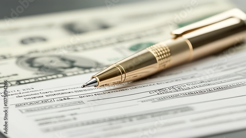 A close-up of a pen on a document with a dollar bill in the background, suggesting financial transactions.