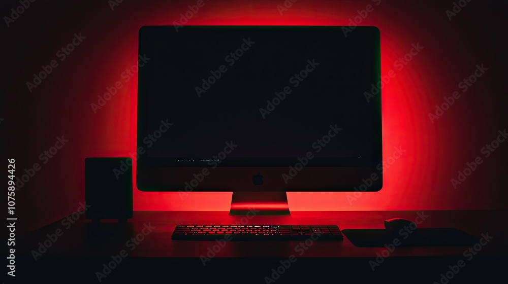 Desktop computer monitor on a deep black background, with a brightly lit keyboard and mouse, tech-centric vibe. Desktop computer monitor on a deep black background, with a brightly lit keyboard and mouse, tech-centric vibe.