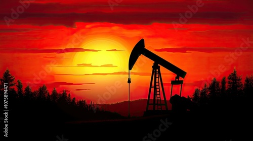 Dramatic sunset over silhouetted oil pumpjack, showcasing rural industry