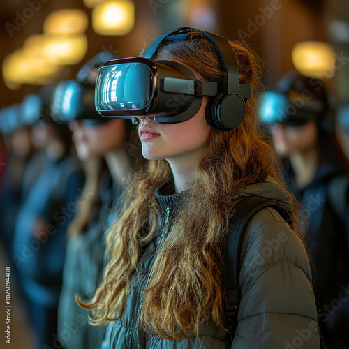 realistic photo of a modern modern education, students use VR gadgets to study