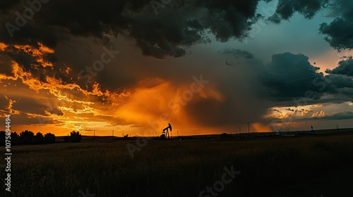 Dramatic sunset over silhouetted oil pumpjack, showcasing rural industry